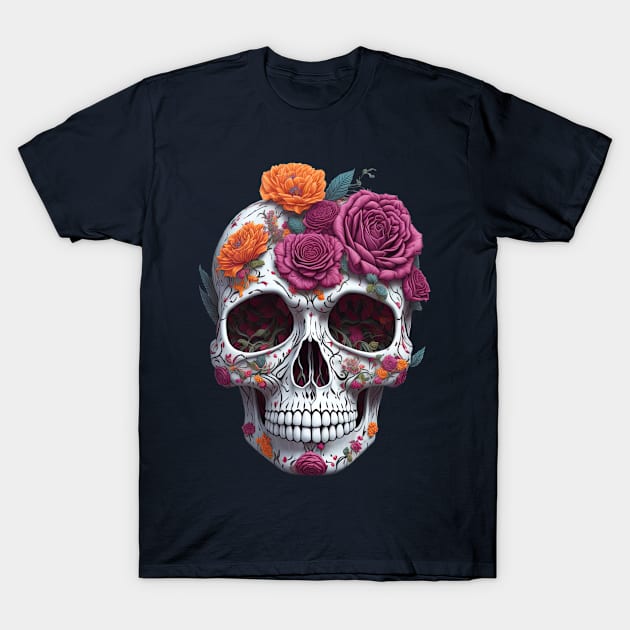 Funny Sugar Candy Skull With Flowers T-Shirt by allovervintage